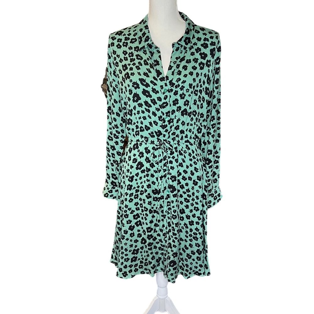 FABIENNE CHAPOT Anthro Green Floral‎ Tie Waist Viscose Shirt Dress Sz Large